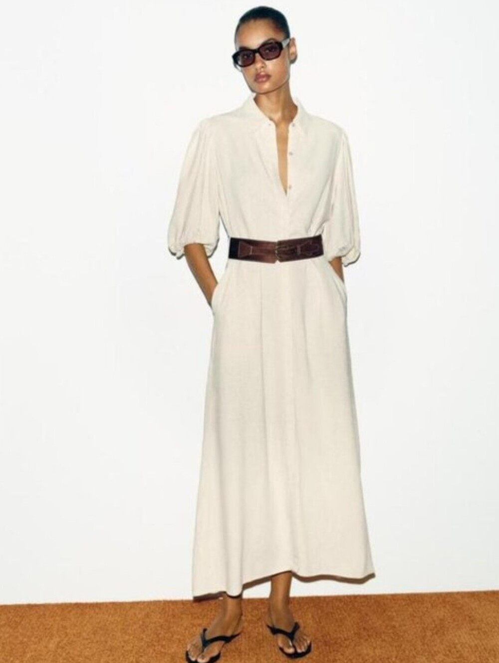 ZARA LINEN BLEND MIDI DRESS WITH BELT